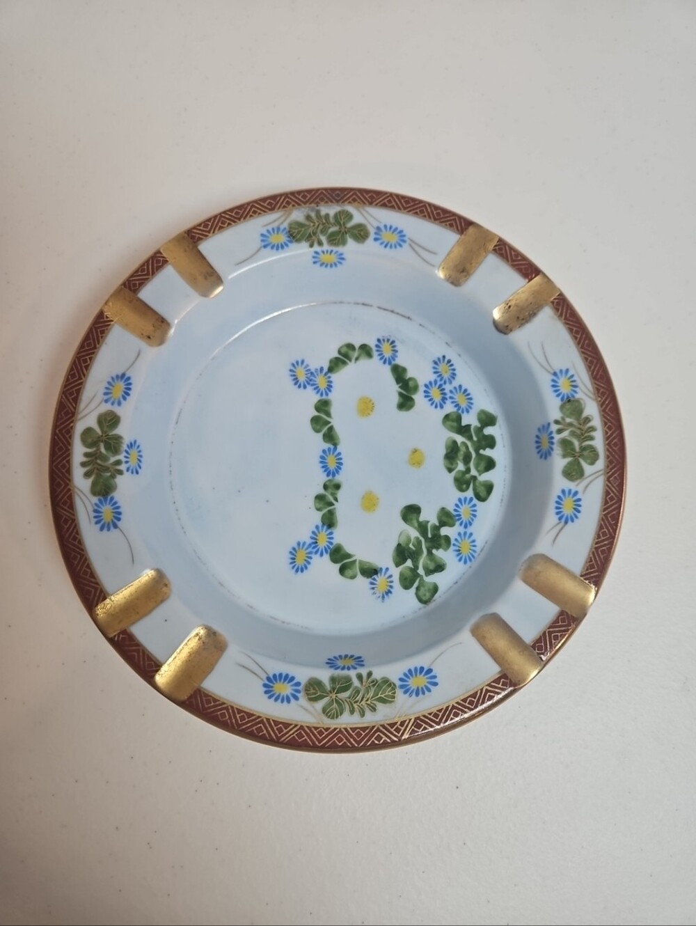 Vintage Japanese Porcelain Ashtray Hand Painted Floral Clover Gold Trim Mid Cent